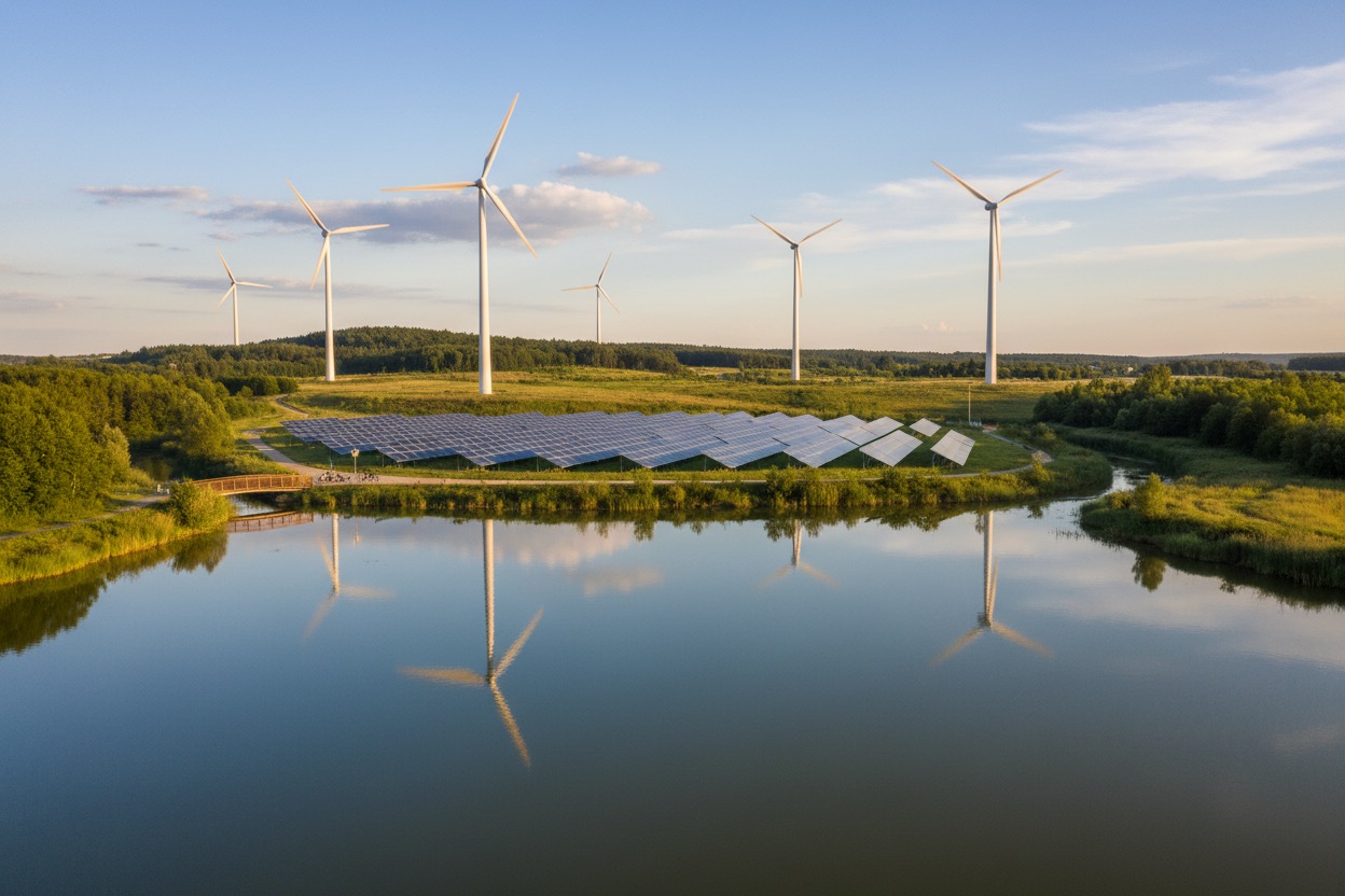 Impianto di energia rinnovabile con pannelli solari e turbine eoliche situato vicino a uno specchio d'acqua in un paesaggio verde.